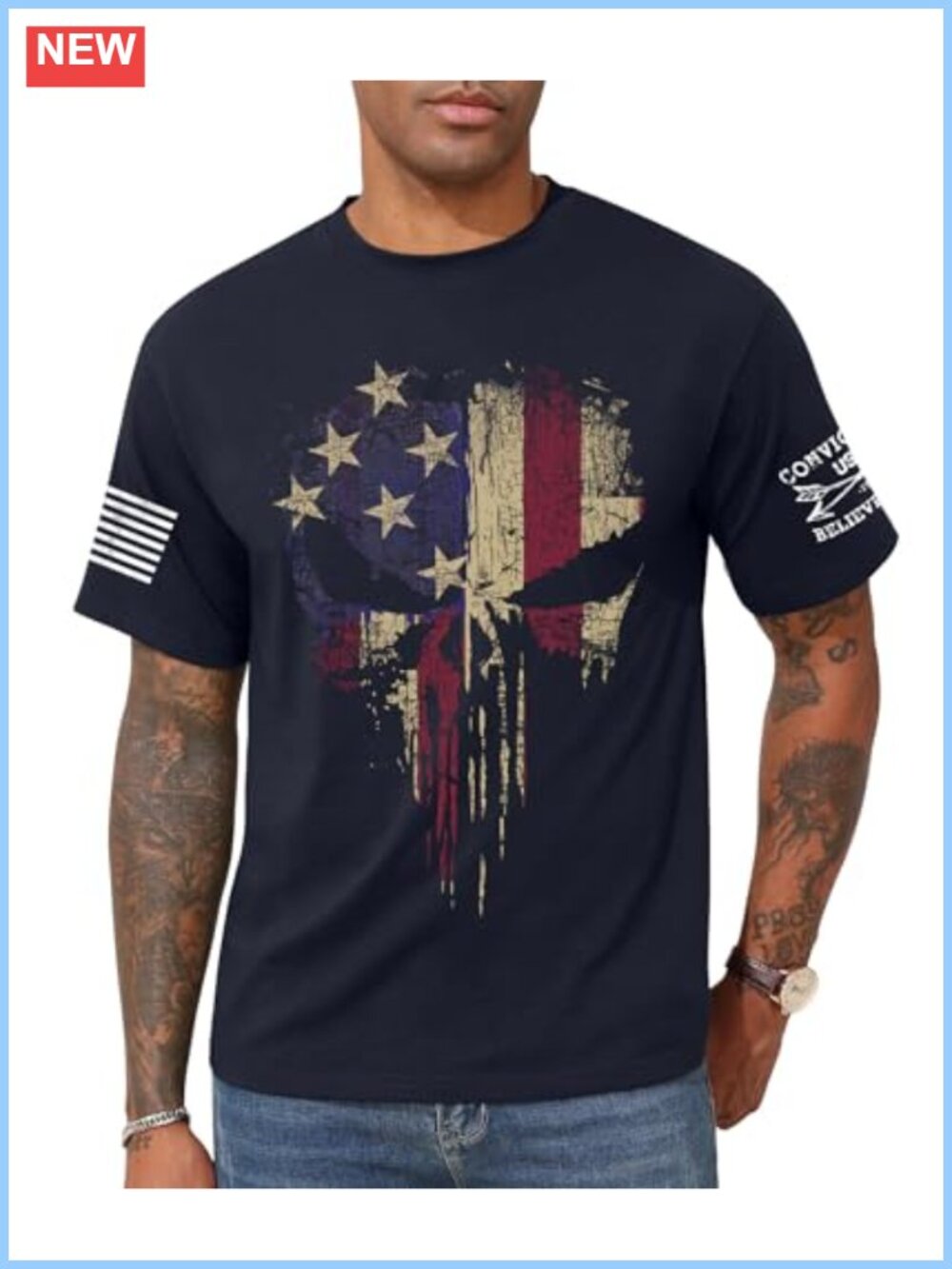 Skull American Flag Patriotic Graphic T-Shirt for Men Cotton Crew Neck Short